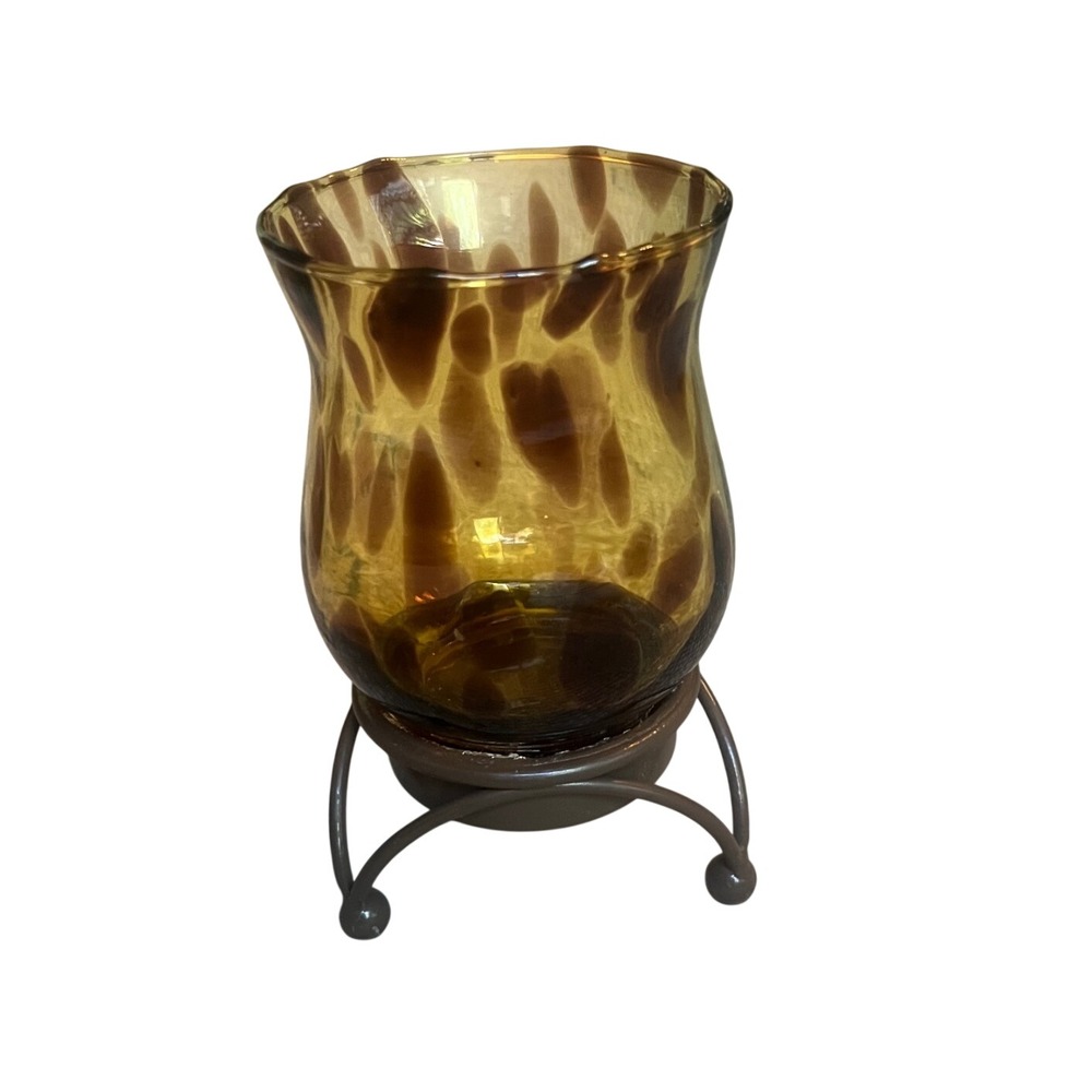 Amber Tortoise Shell Art Glass Votive Candle Holder with Metal Stand